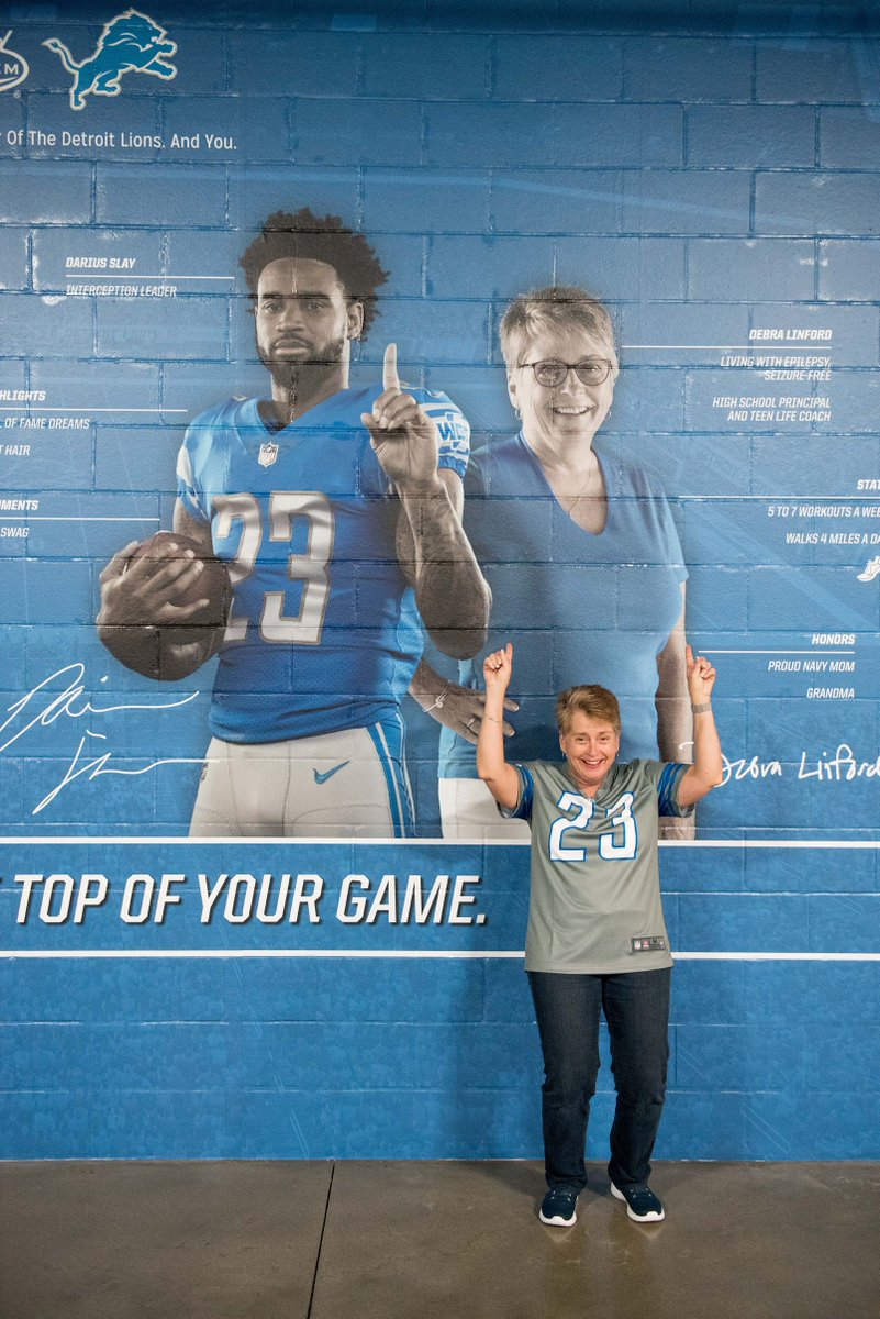 Debra Linford is living with #epilepsy, seizure-free. She’s a high school principal and teen life coach. She’s pictured with #Detroit <a href="/Lions/">Detroit Lions</a> interception leader, @_bigplayslay23.  One is a pro-bowler with world-class swag, the other is a proud navy mom who walks 4 miles a day.