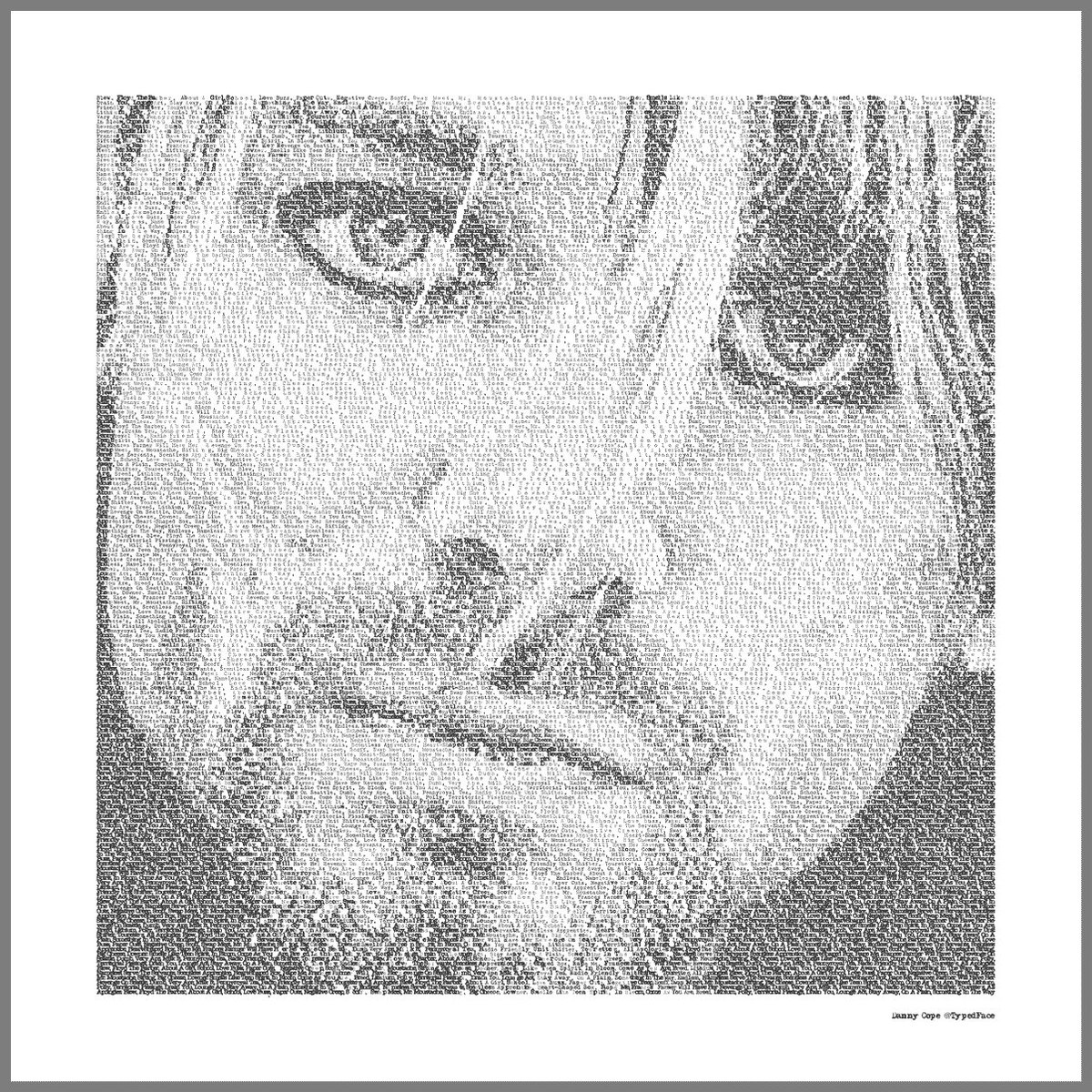 typedface's tweet photo. Kurt Cobain's face typed with his song titles as the pixels.  #kurtcobain #kurtcobainart #nirvana #nirvanafans #grunge #portrait #typography #typographydesign #writtenallovertheirface #typedface https://t.co/RKtVvwD1g9