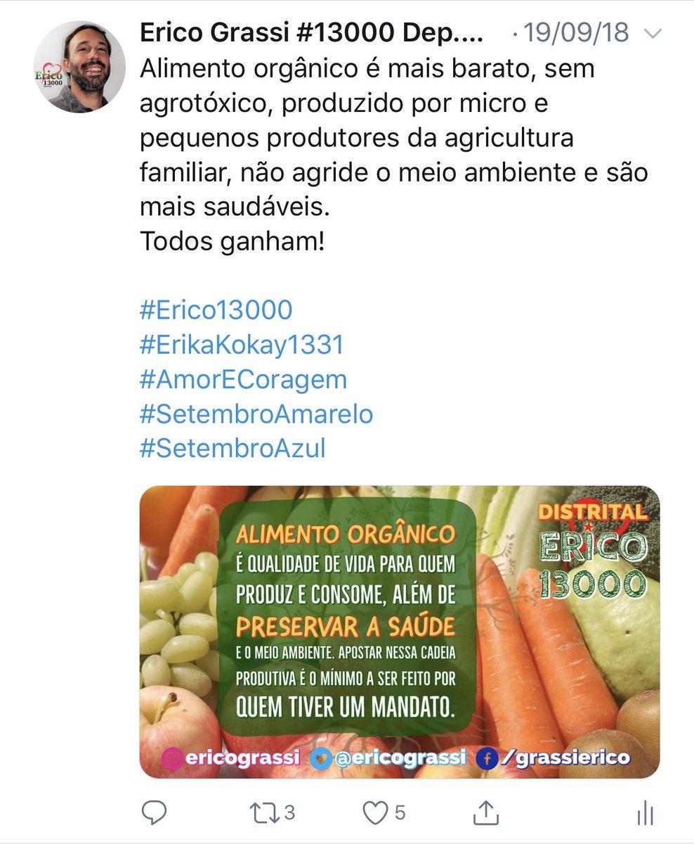 FinesBS's tweet photo. "RT ericograssi: É por isso que preciso voltar a frisar meu compromisso por mais alimentos orgânicos e sem agrotóxicos. 

Vote em quem se preocupa mais com uma sociedade justa e solidária do que com o lucro do agronegócio.

#Erico13000
#ErikaKokay133… https://t.co/jDpZ0oWt2N"