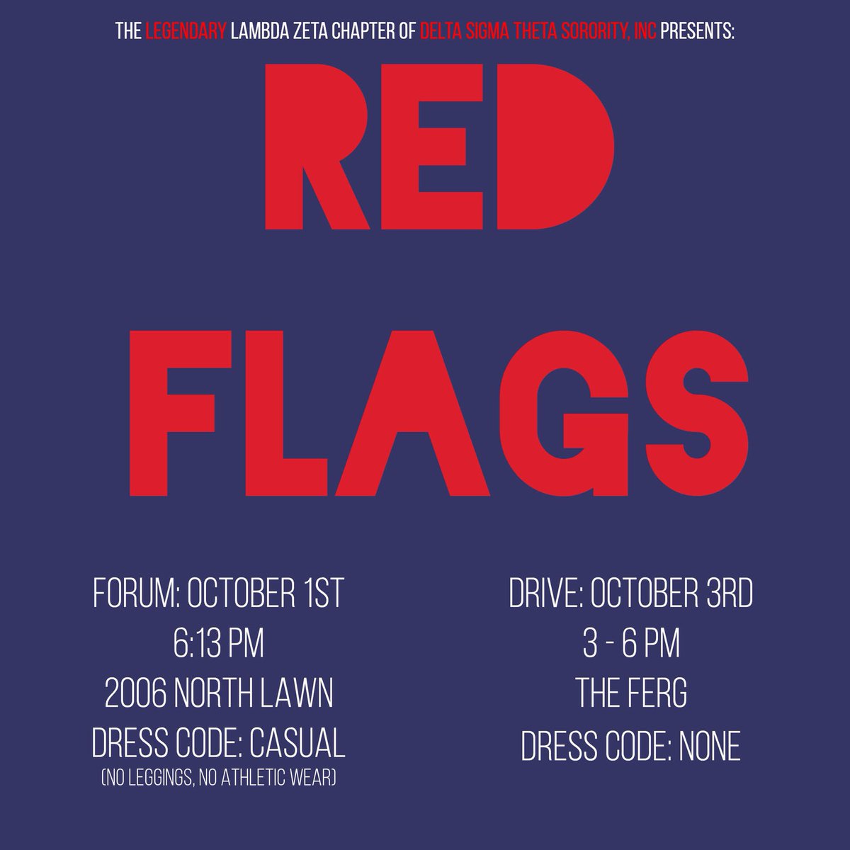 LZDivas's tweet photo. October is National Domestic Violence awareness month. Join LZ Oct 1st for our Red Flags forum and on Oct 3rd for our Turning Point toiletries drive at the Ferguson Center. Feel free to bring your drive donation items to our forum! https://t.co/tqrNTabzHr