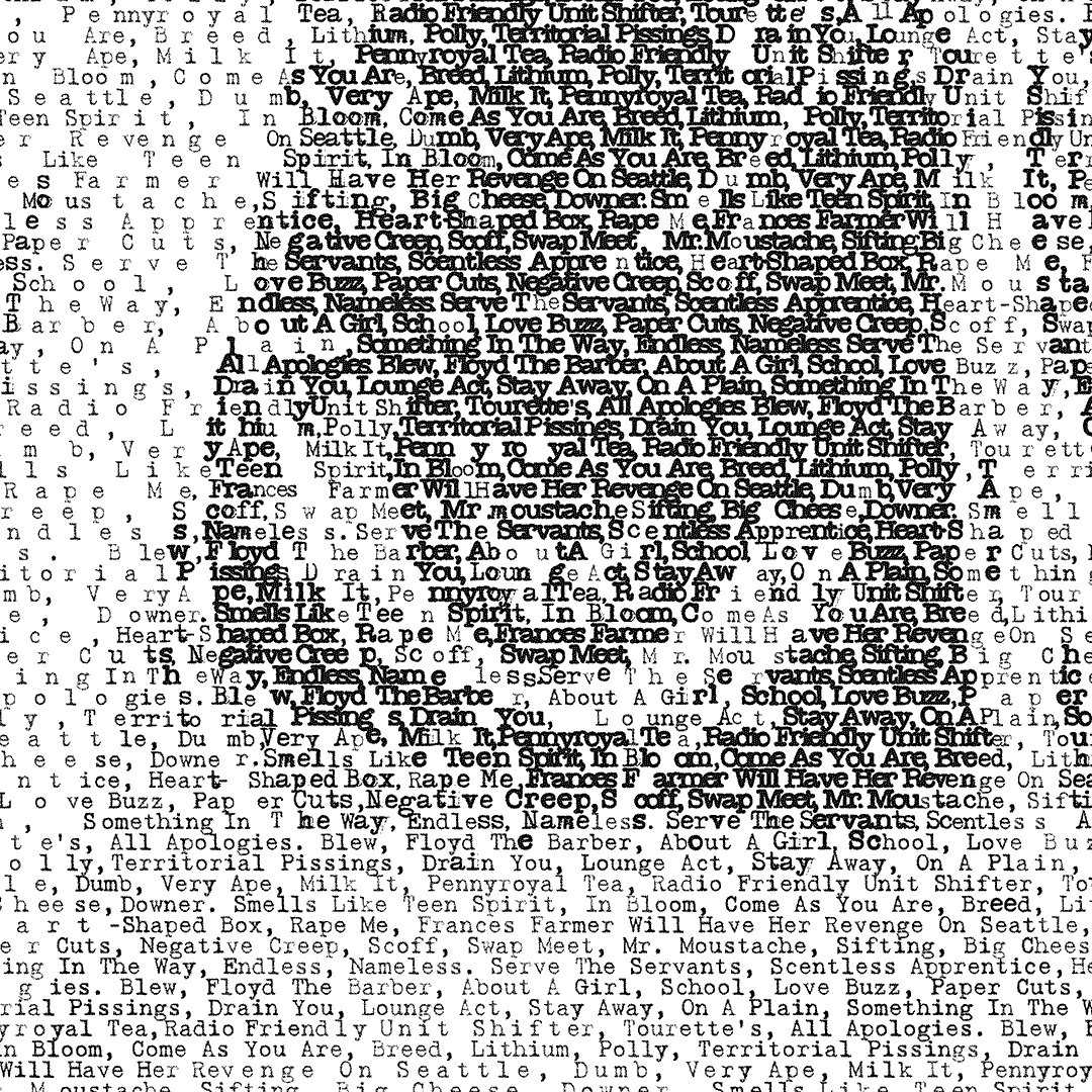 typedface's tweet photo. Kurt Cobain's face typed with his song titles as the pixels.  #kurtcobain #kurtcobainart #nirvana #nirvanafans #grunge #portrait #typography #typographydesign #writtenallovertheirface #typedface https://t.co/RKtVvwD1g9