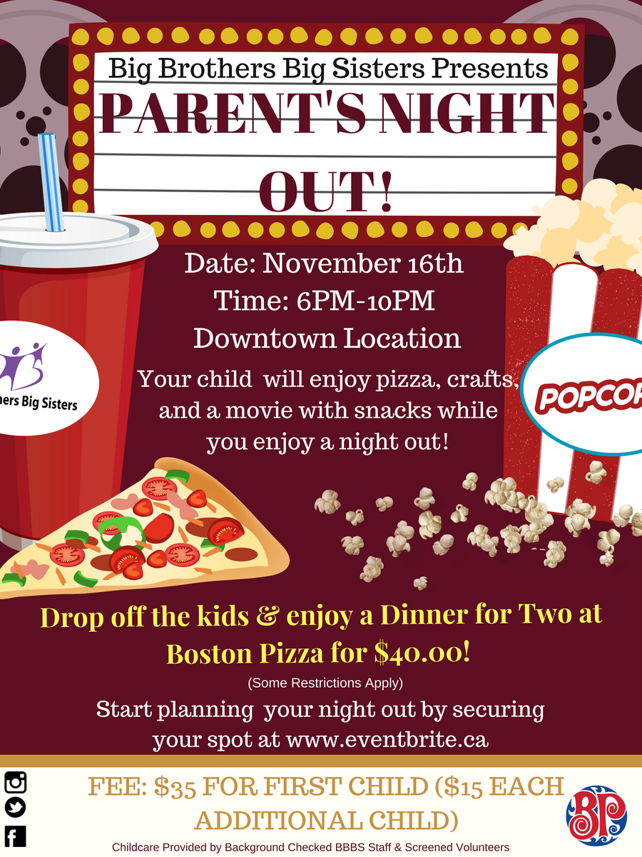 BBBSWoodBuffalo's tweet photo. Here it is Moms and Dads, the moment you've all been waiting for! Big Brothers Big Sisters is happy to present: Parent's Night Out! A new event we are hosting to give you all a well-deserved break! Sign up at https://t.co/n9m0oKYboJ :)  #BBBSWB #YMM #FortMac #YMMevent https://t.co/ZNllpciEog