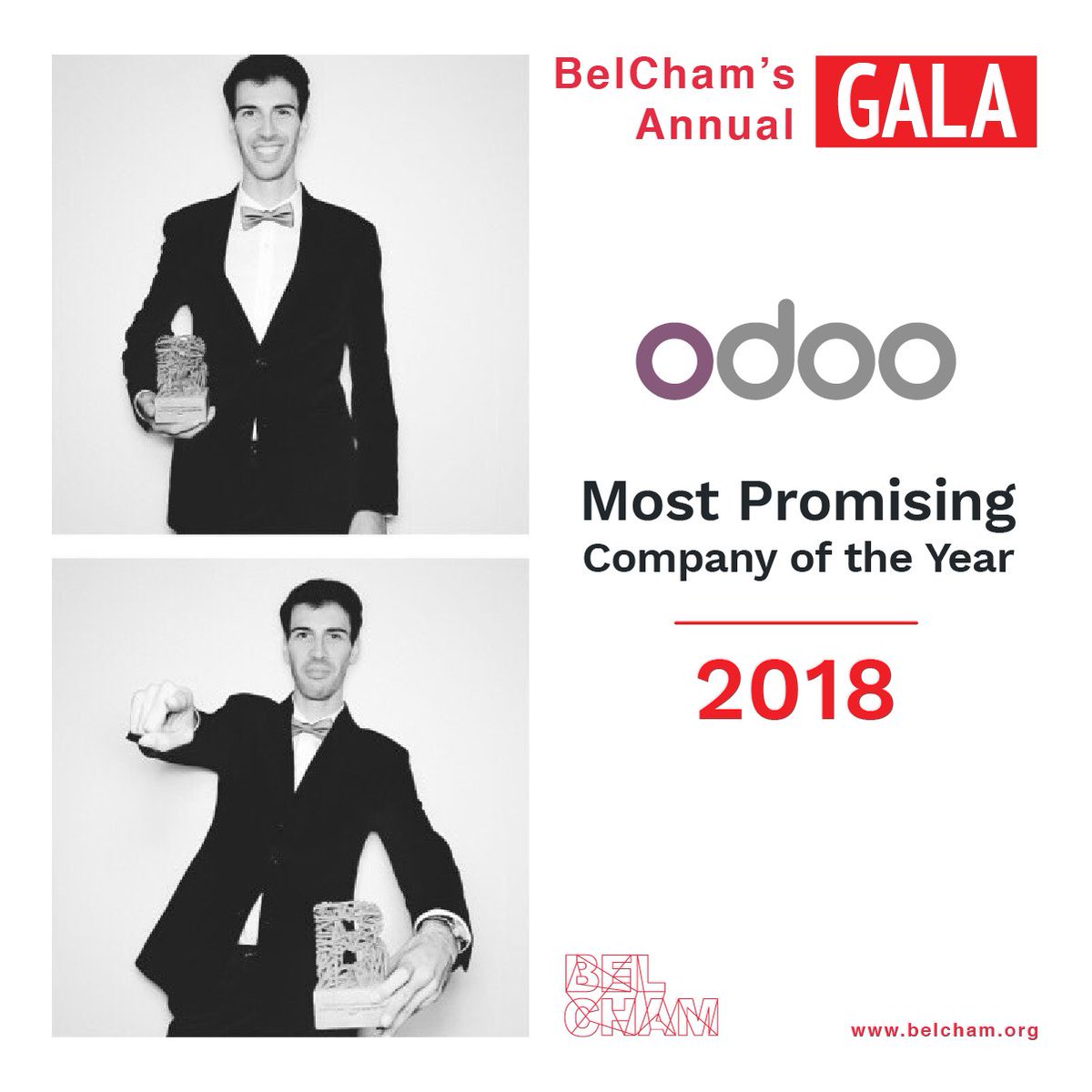 Odoo's tweet photo. Proud to be named Most Promising Company of the Year at the @BelChamUS Annual Entrepreneurship Awards Gala 2018 last week!
Congrats to our fellow nominees @UniflyUMTS & @Ontoforce.
#Odoo #Belcham https://t.co/LQj5bVBN17