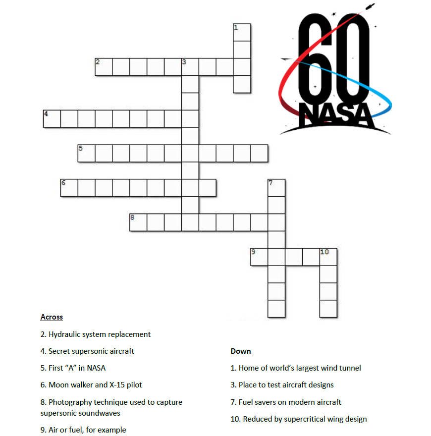 LearnWithNASA's tweet photo. Did you know... NASA is with you when you fly? For 6 decades, @NASAaero research has pushed aviation boundaries &amp; improved commercial air travel. Check out today's #NASA60th crossword to learn more about the 1st 'A' in NASA! https://t.co/yiE5Ghw9t0 https://t.co/5I8DspAEQF