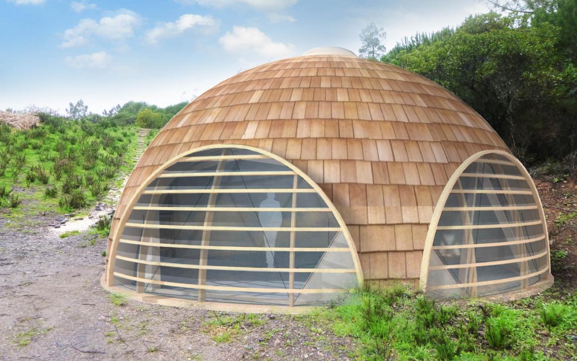 EcoLodge ontwerp voor gemeenschappelijke ruimte van  ecoresort in Portugal. geodomedesign.nl/nl/projecten/k…