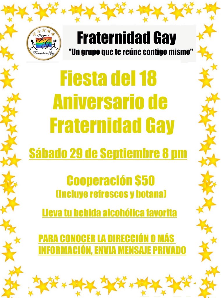 fraternidadgay's tweet photo. AMIGOS, ES HORA DE CELEBRAR !!
Este sábado, celebraremos nuestros 18 años.
PARA MAS DETALLES, ENVIA INBOX
#FraternidadGay
"Un grupo que te reúnecontigo mismo " https://t.co/DbhuVxID7F