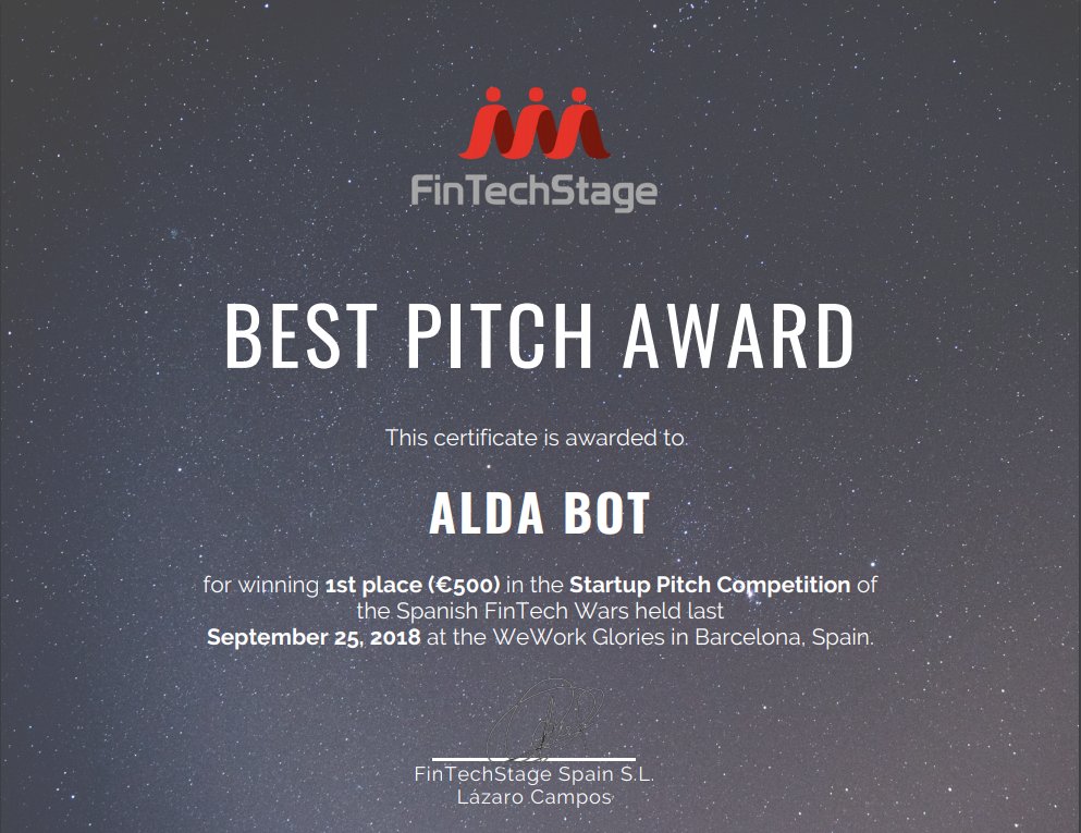 Alda_bot's tweet photo. Y otro primer premio!! 📷🎉📷🎉📷🎉  Gracias a @FinTechStage por la excelente organización!! 👏 https://t.co/u2mSjDaxTY