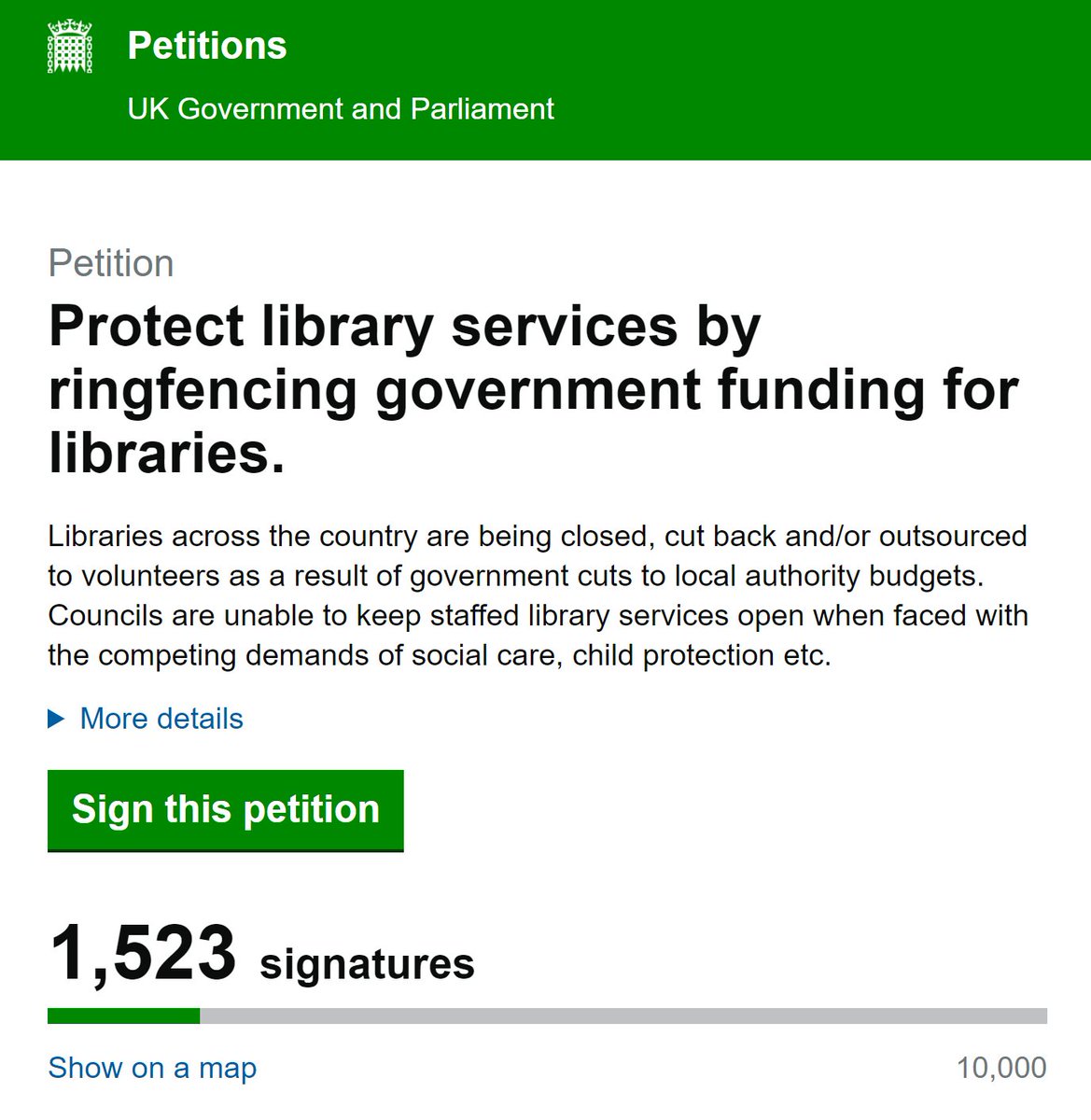 From 25 signatures at 5pm yesterday to 1,525 by 5pm today - 1,500 people stepping up to show their support for ring-fenced funding for #libraries in just 24 hours. Absolutely magnificent! If you haven't already, please RT and share as widely as you can petition.parliament.uk/petitions/2287…