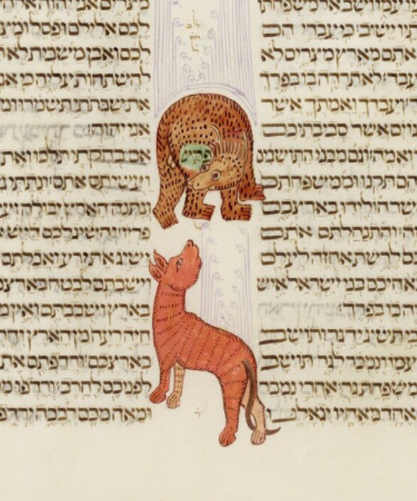 red_loeb's tweet photo. The final parasha marking of Vayikra (Leviticus) is comprised of two creatures. Following it are the ornate designs marking the beginning &amp; ending of the book.
@BL_HebrewMSS 
MS Kennicott 1; 'The Kennicott Bible', 1476 CE, f.74r, 
f.59v &amp; f.76r #BDLSS #KennicottBible https://t.co/mR4dhMB6AI