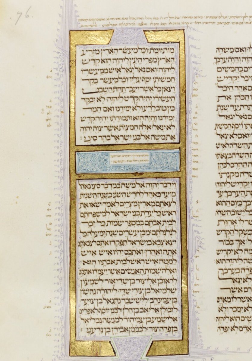 red_loeb's tweet photo. The final parasha marking of Vayikra (Leviticus) is comprised of two creatures. Following it are the ornate designs marking the beginning &amp; ending of the book.
@BL_HebrewMSS 
MS Kennicott 1; 'The Kennicott Bible', 1476 CE, f.74r, 
f.59v &amp; f.76r #BDLSS #KennicottBible https://t.co/mR4dhMB6AI