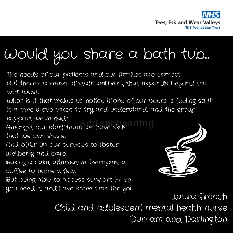 TEWV's tweet photo. Laura French, child and adolescent mental health services nurse from Durham and Darlington thinks that #Yesdefinitely her team supports staff health and wellbeing and has written this fabulous poem to say just that... https://t.co/7jXFmfQuBp