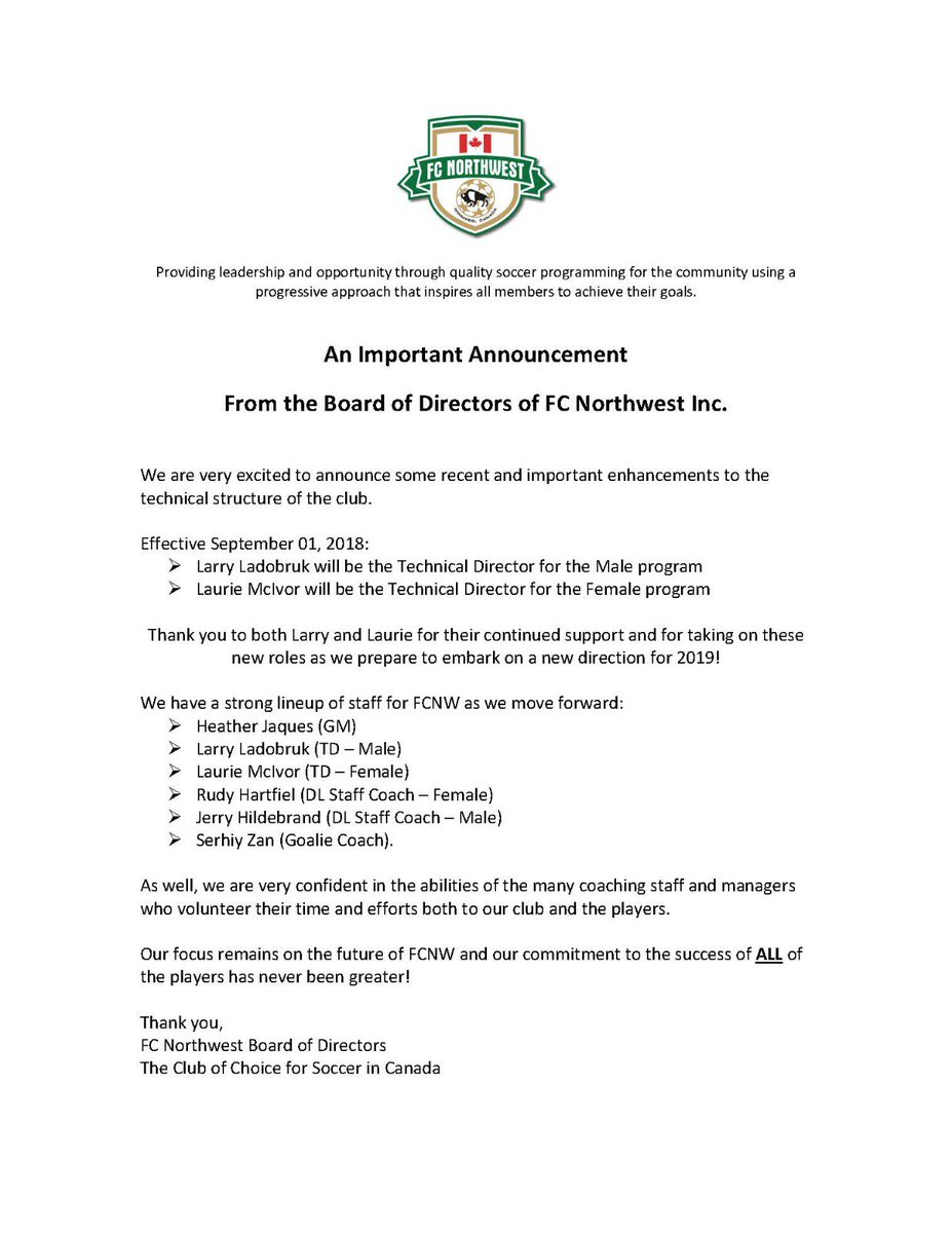 fcnorthwestclub's tweet photo. Please see the attached announcement from our #FCNW Board of Directors.

#soccerforlife #movingforward #clubofchoice https://t.co/r0FSLFK6QE
