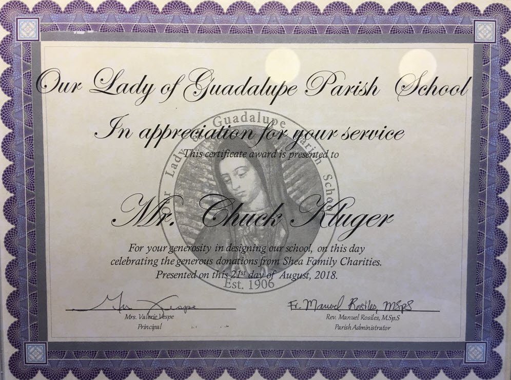 Our Lady of Guadalupe Parish School Ribbon Cutting Ceremony
 
Last month Kluger Architects was awarded a Certificate of Appreciation from Our Lady of Guadalupe Parish School in Oxnard, California for their work on the project.
 
klugerarchitects.com/our-lady-of-gu…