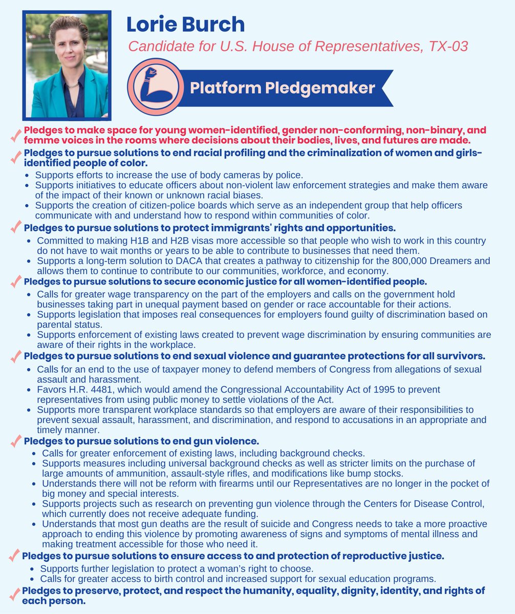 PlatformWomen's tweet photo. Thank you, @LorieB4Congress for taking the #PlatformPledge. We celebrate your commitment to progress & to making space for young women-identified, non-binary, gender non-conforming, and femme voices in the political process.
https://t.co/K81dHNao4Tβ¦
https://t.co/scX10Yd0Xf https://t.co/rl4GsejhBi