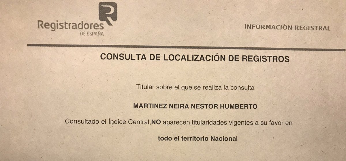 HELIODOPTERO's tweet photo. Estos son los “seguimientos” que hago al mentiroso Néstor Humberto Martínez. El Registro de la Propiedad español me acaba de reconfirmar que él ni su esposa tienen allá bienes a su nombre . Oculta lo que tiene.¿Blanqueó y evasión? @ELTIEMPO @PGN_COL  @FiscaliaCol @USEmbassyBogota https://t.co/Nbtp6qtLWR