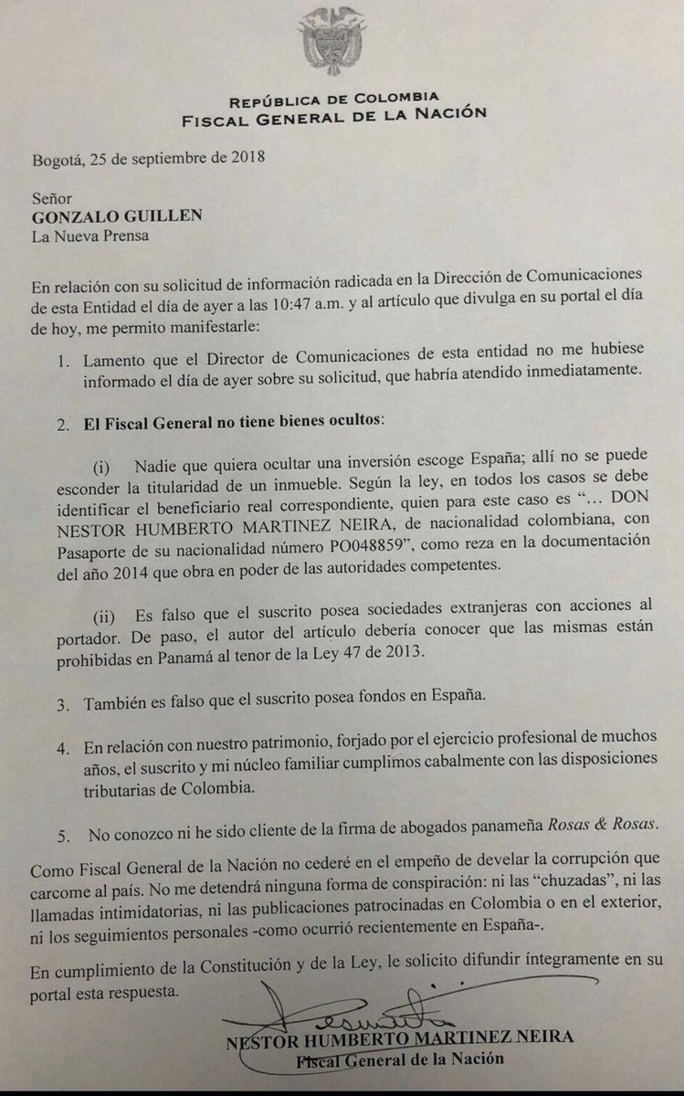 HELIODOPTERO's tweet photo. Estos son los “seguimientos” que hago al mentiroso Néstor Humberto Martínez. El Registro de la Propiedad español me acaba de reconfirmar que él ni su esposa tienen allá bienes a su nombre . Oculta lo que tiene.¿Blanqueó y evasión? @ELTIEMPO @PGN_COL  @FiscaliaCol @USEmbassyBogota https://t.co/Nbtp6qtLWR