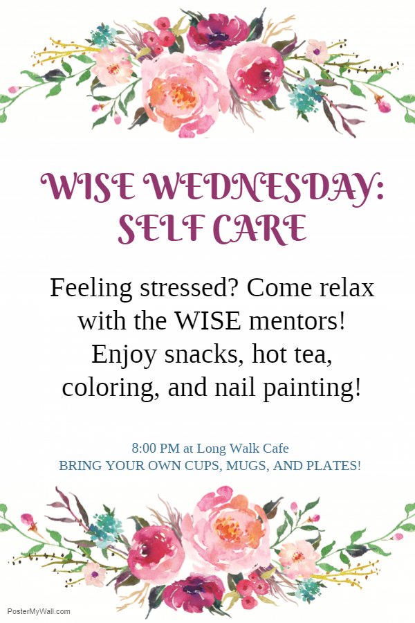 NCStateWISE's tweet photo. Feeling stressed? Come relax with the WISE Mentors TONIGHT, Wednesday, September 26th at 8:00pm in Long Walk for WISE Wednesday! This counts as a WISE Event. 

To help us reduce waste, please bring your own cup/mug/plate https://t.co/8cg5aMx8jd