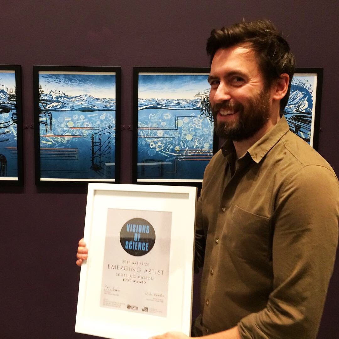 SLMILLUSTRATION's tweet photo. Still feeling proud to receive the โEmerging Artist Awardโ last night @UniofBath @EdgeArtsBath #VisionsofScience #artprize - shout out to @Russell_Arnott who told me about it and whose research the #illustration is based on - cheers dude! #art #artist #competition #win https://t.co/lgBsPozfLF