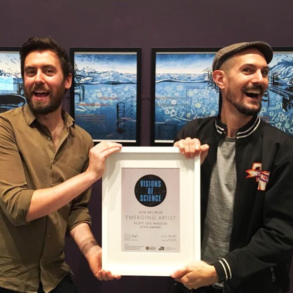 SLMILLUSTRATION's tweet photo. Still feeling proud to receive the โEmerging Artist Awardโ last night @UniofBath @EdgeArtsBath #VisionsofScience #artprize - shout out to @Russell_Arnott who told me about it and whose research the #illustration is based on - cheers dude! #art #artist #competition #win https://t.co/lgBsPozfLF