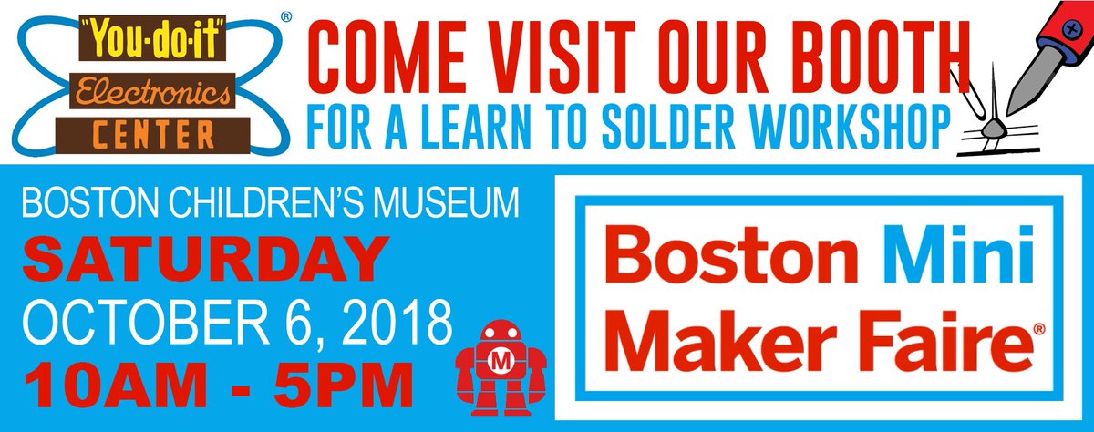 YDIElectronics's tweet photo. Come Visit Our Booth for a Learn to #Solder Workshop at this year's Boston Maker Faire at the @BosChildMuseum Satruday, October 6 from 10am to 5pm. @makerfaire #boston #Massachusetts #bosmakerfaire18 #makerfaire #diy #makesomething https://t.co/tuAgZRSO2r