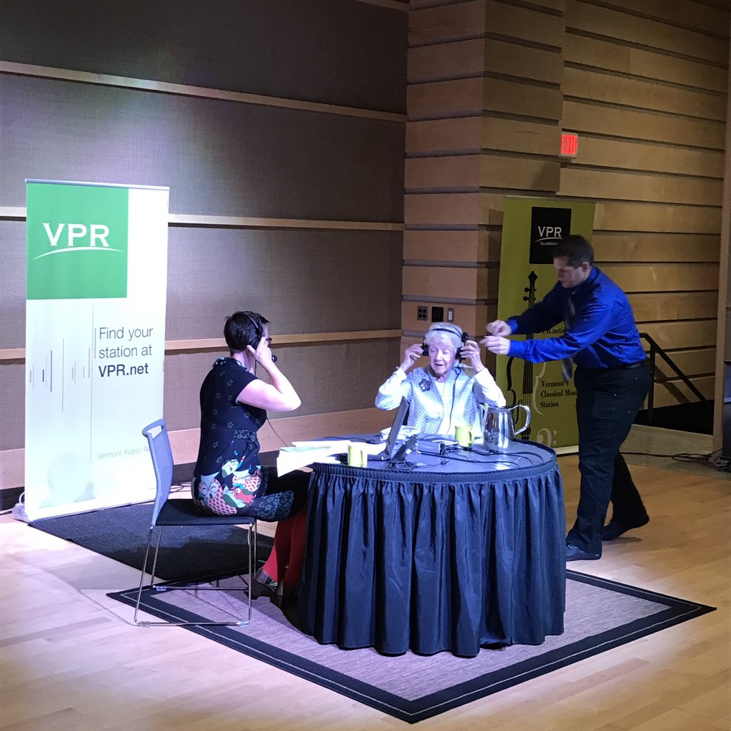 A standing ovation for #MadeleineKunin as we embark on today's <a href="/vermontedition/">Vermont Edition</a>! Thanks to <a href="/MatthewSmithVT/">Matthew Smith</a> for helping to get her headphones all set! We're LIVE on air now. Tune in at vpr.net!