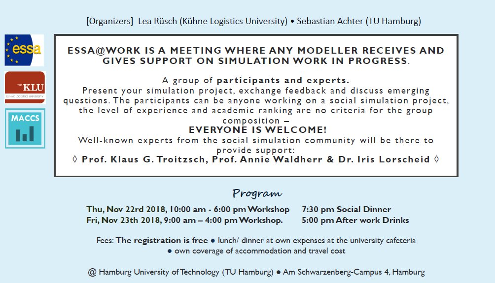 ILorscheid's tweet image. 🚩Local ESSA@Work 🚩November 22-23 in Hamburg - w/ Klaus Troitzsch &amp;amp; @annie_waldherr. Enjoy the constructive atmosphere! Apply now! #abm #essa