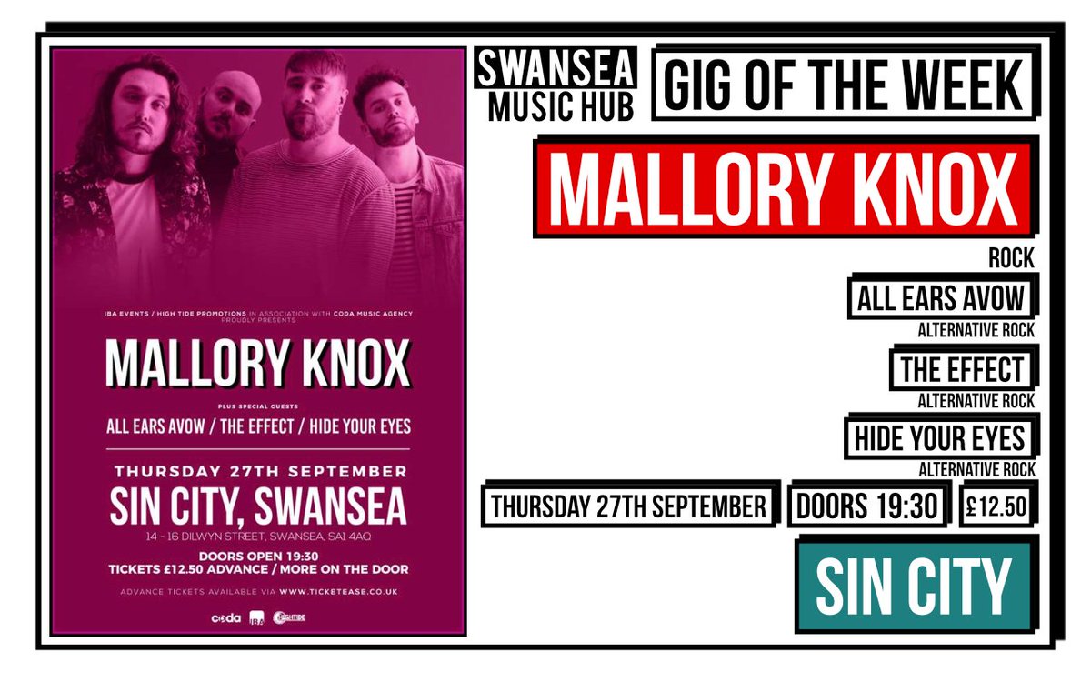 Our #Swansea gig of the week: <a href="/MalloryKnoxband/">Mallory Knox</a>, <a href="/TheEffectUK/">The Effect</a>, <a href="/AEAOfficial/">All Ears Avow</a> &amp; <a href="/HYEBand/">Hide Your Eyes</a> live at <a href="/SinCitySwansea/">Sin City Swansea</a> 

Read more here: swanseamusichub.com/blog/2018/9/26…

#SwanseaMusic