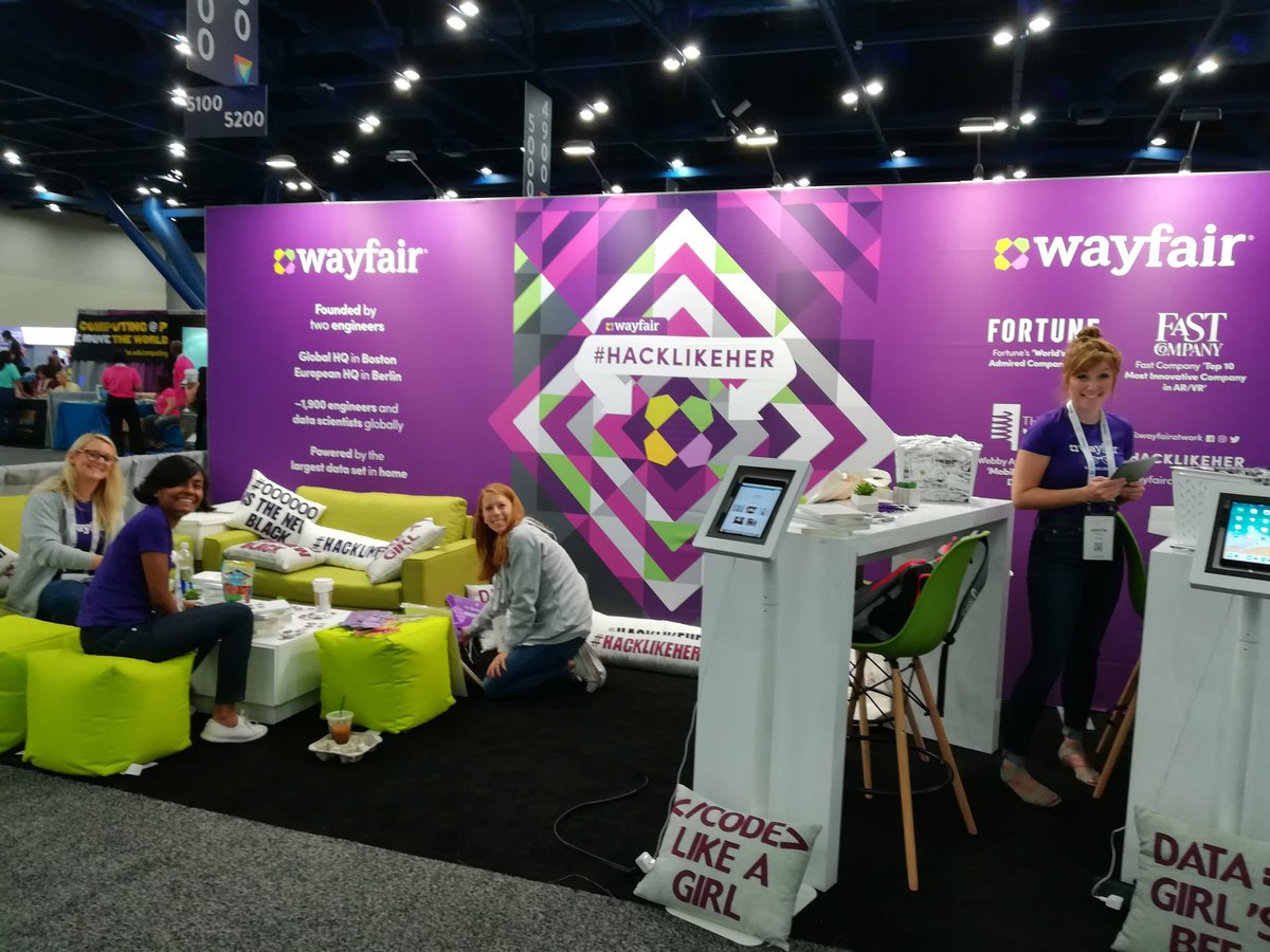 WayfairTech's tweet photo. We've landed at #GHC18! We're ready to #HackLikeHer and share our stories, our stack, and our selves with attendees far and wide #WayfairTech 👋 https://t.co/R9IZ9FhsK1