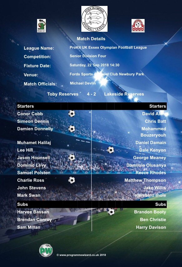 TobyFC_'s tweet image. @TobyFC_ Res 4 - 2 @fc_lakeside Res

New FREE template on @ProgrammeWizard to share your match details 👌🏼