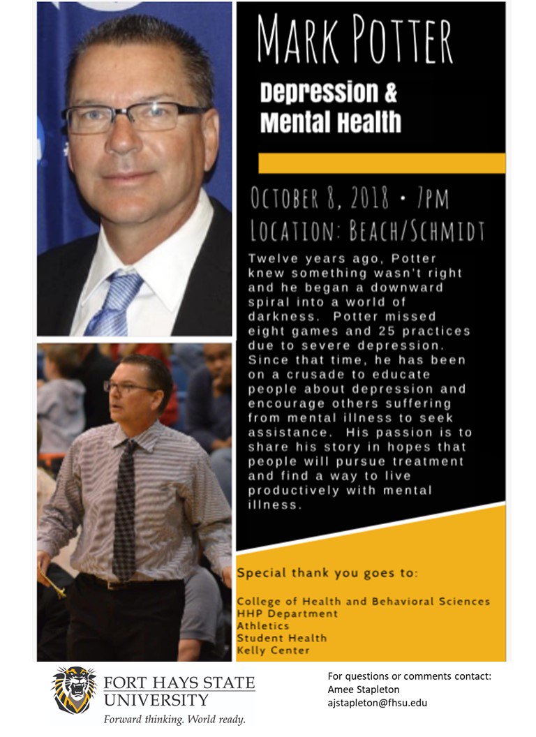 FHSU_ATs's tweet photo. Mark Potter is coming to the @FortHaysState campus to speak about depression and mental illness. He is a very captivating speaker and has a great story to tell. Come to @beachschmidtPAC on October 8th at 7pm. This event is free to the public. See ya there! https://t.co/Sqe1X5fkwp