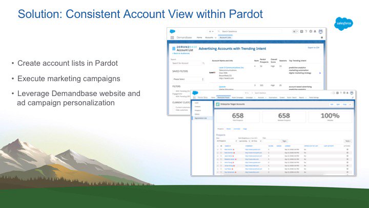Demandbase's tweet photo. Additionally you can seamlessly create a segmentation list in Pardot with prospects from your target account list, execute marketing campaigns & leverage Demandbase web & ad personalization #DBatDF https://t.co/hyDj9EpDYb