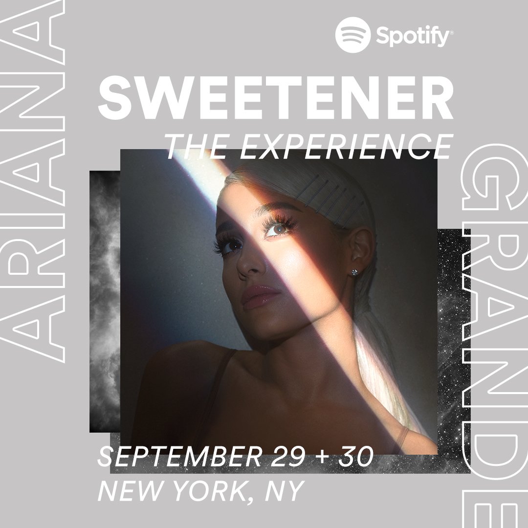 SpotifyUSA's tweet photo. For one weekend only in NYC, we’re hosting an immersive exhibit inspired by @ArianaGrande’s album #Sweetener. If you’re in NYC this weekend, RSVP to secure your spot: https://t.co/5SnQROVa05

Come through like the sweetener you are 💜 #SweetenerSpotify https://t.co/g558BfZcuk