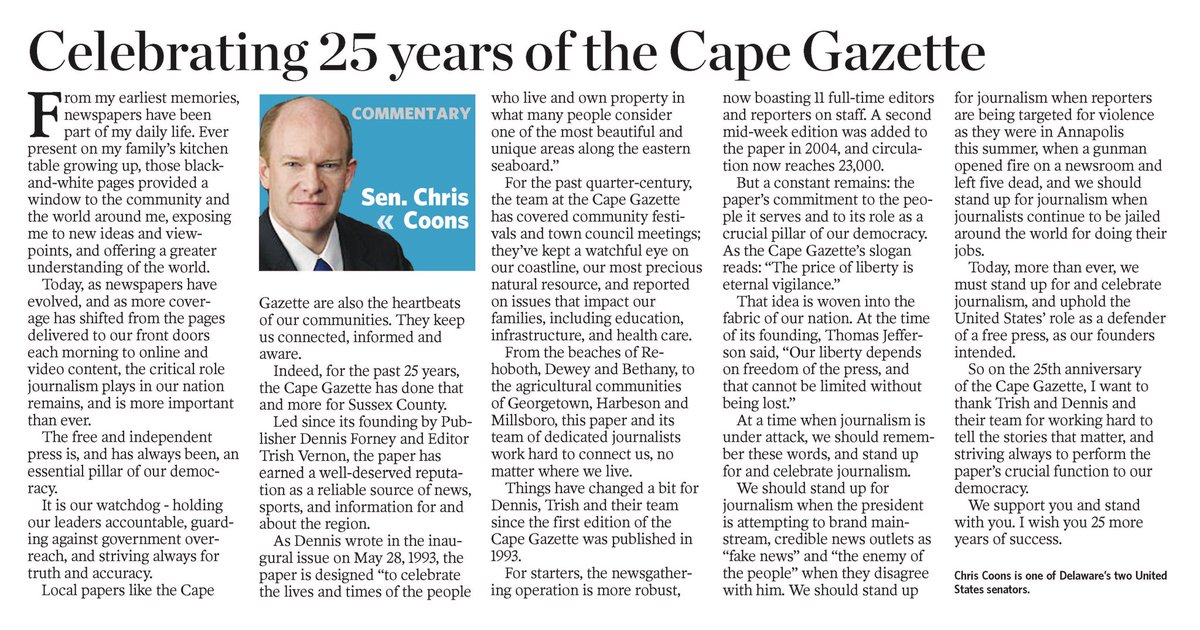 ChrisCoons's tweet photo. Today, more than ever, we must stand up for and celebrate journalism and uphold the United States’ role as a defender of a free press. Congratulations to the @capegazette for standing up for these values for the last 25 years. https://t.co/9yhlsY8Joj