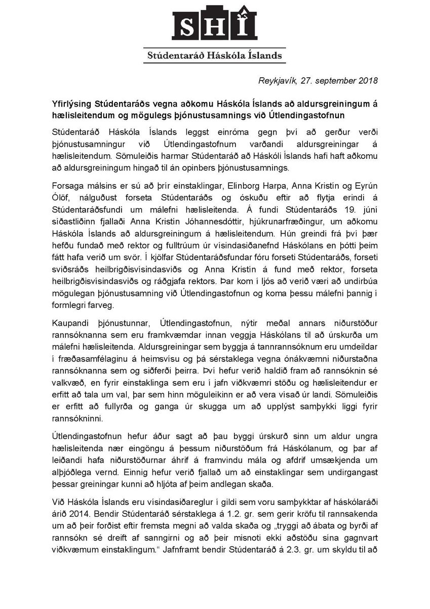 Studentarad's tweet photo. Stúdentaráð leggst einróma gegn því að Háskóli Íslands hafi aðkomu að tanngreiningum hælisleitenda. https://t.co/2SdnFRkgwr