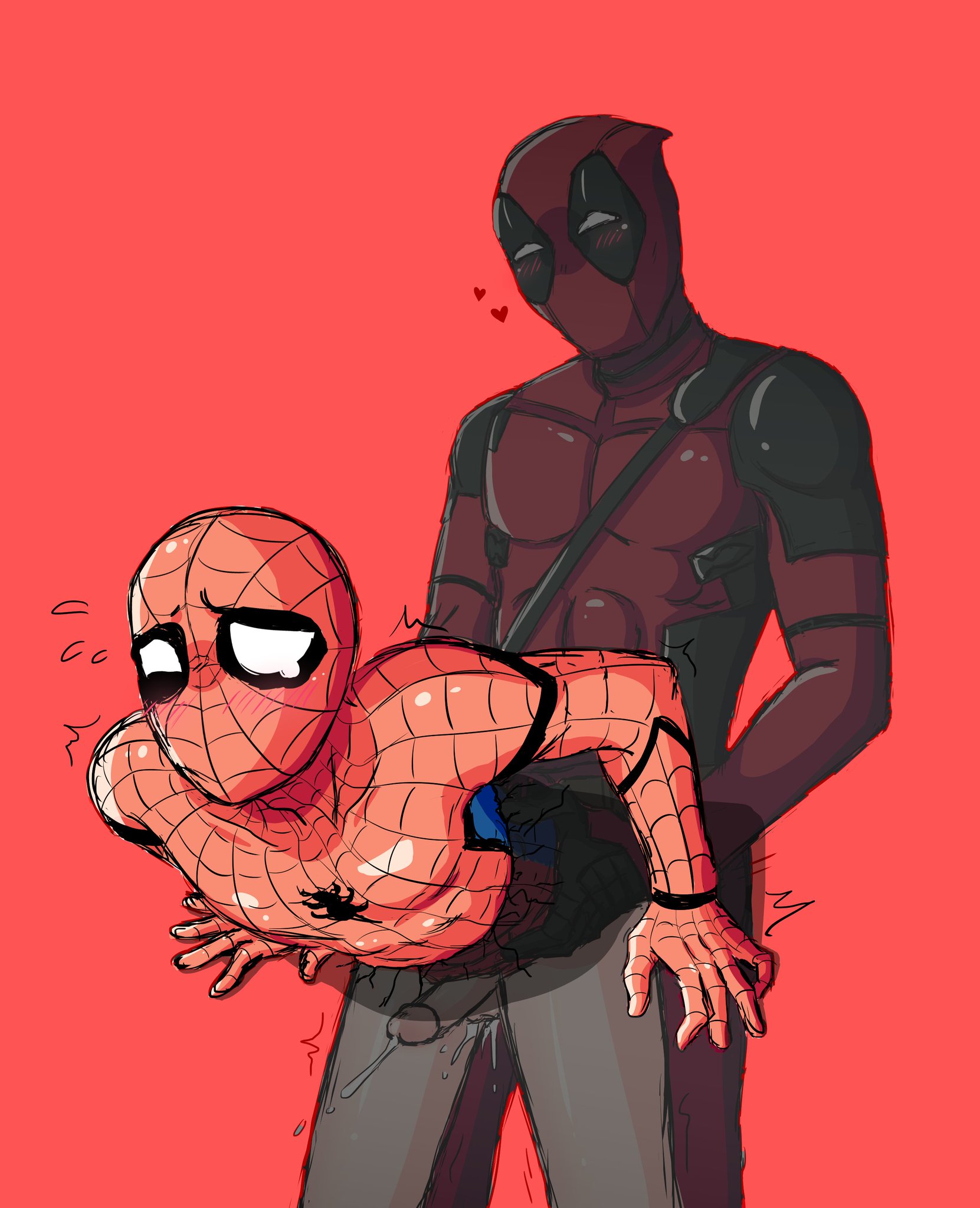 “Itsy bitsy spider swung into the wall~ #spideypool #nsfw” .