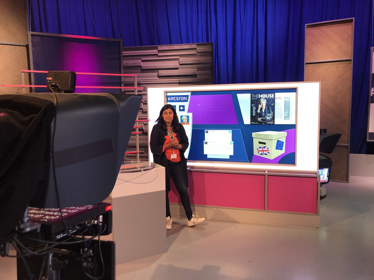 itvpeston's tweet photo. 2 hours till our Twitter broadcast here’s @GuardianAnushka rehearsing at the screen ahead of her first episode of #Peston https://t.co/h7AP6scN3a