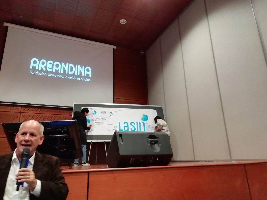 Mark addressing the crowd at the #LASINConference2018 whilst our colleagues showcase their artistic talents in the background! #lasinproject #erasmusplus #socialinnovation #Bogotá @GCU_TEO