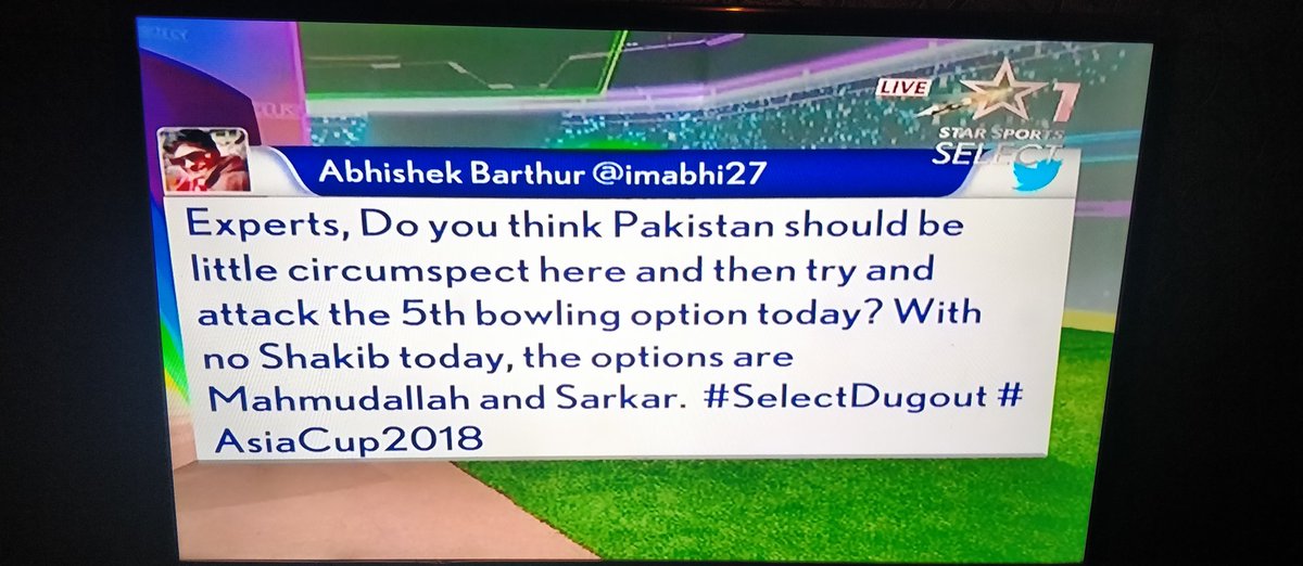 imabhi27's tweet photo. Okay then. My debut Tweet on #Starsportsselect 😁 Thanks @MahelaJay for answering my question. @ProfDeano
@GraemeSmith49 #PAKvBAN #AsiaCup2018 https://t.co/EzVZLm78E0