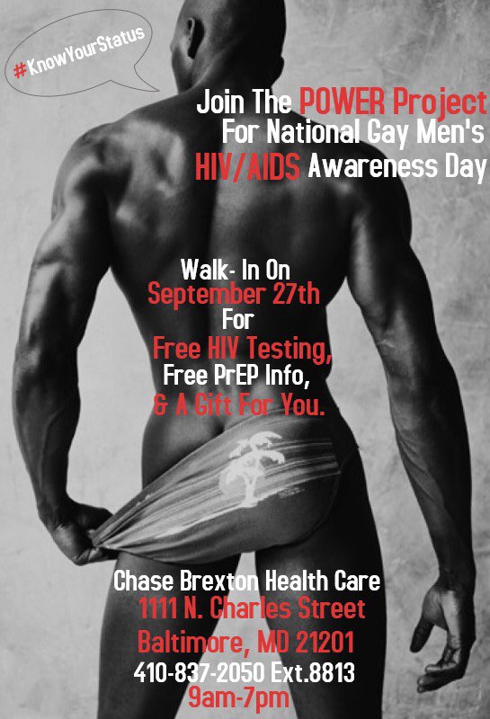 powerprojectmd's tweet photo. In celebration of National Gay Men’s HIV/AIDS Awareness Day, the POWER Project will be giving away FREE GIFT CARDS!!! COUPLES ARE WELCOME 🙌🏾!!! FREE Rapid HIV testing will be held between the hours of 9am-7pm on Thursday, September 27, 2018. See flyer for further details. https://t.co/vvobv5RiEh