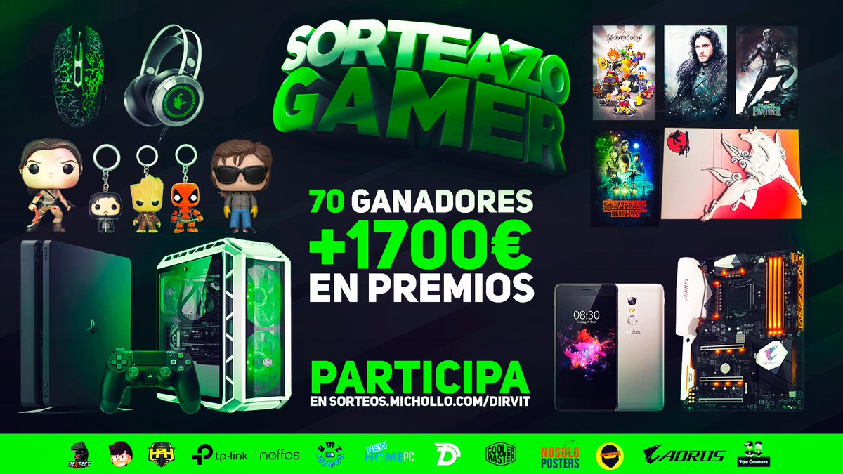 MicholloGaming's tweet photo. 🔥#SORTEAZOGAMER 🔥
➡️ PARTICIPA EN https://t.co/VY60hXioGk
➡️ 70 GANADORES & +1700€ EN PREMIOS
➡️ INTERNACIONAL
💥Finaliza el 29/09/2018💥
Junto a @dirvitcom y más colaboradores https://t.co/99dkBE5JhG