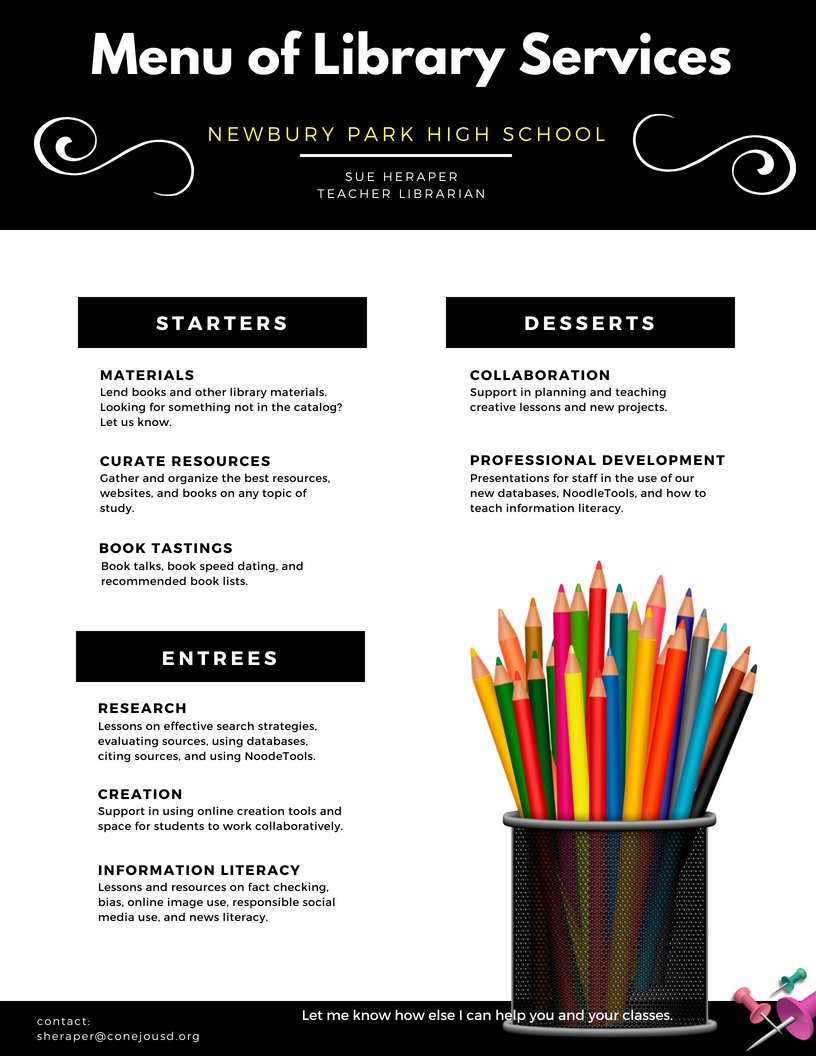 sueheraper's tweet image. A2. I reach out to classroom teachers in department meetings, emails, and new teacher orientation. I also made a library services menu. #calibchat