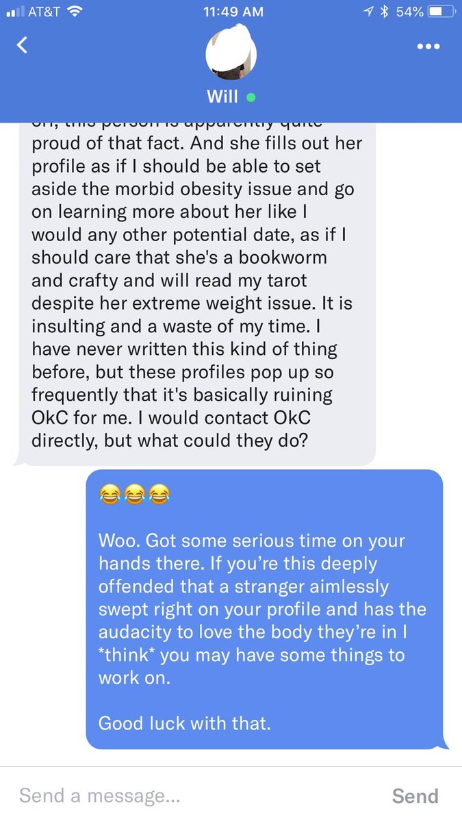 charliebrazen's tweet photo. Today in #datingwhilefat sad white boy is deeply offended that fat people are out here shamelessly dating. How dare us. https://t.co/mnks9Z3zy7