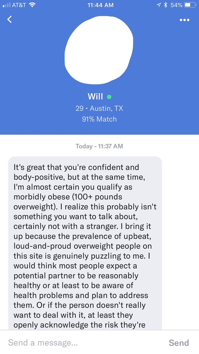 charliebrazen's tweet photo. Today in #datingwhilefat sad white boy is deeply offended that fat people are out here shamelessly dating. How dare us. https://t.co/mnks9Z3zy7