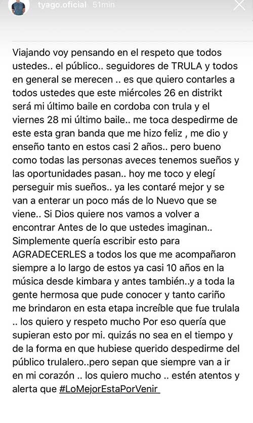 FormulaPopular's tweet photo. #UltimoMomento
#TyagoGriffo anunció este martes 25 de septiembre que deja #Trulalá.
El anuncio lo hizo a través de un comunicado en sus redes sociales donde detalla que “me toca despedirme de esta banda que me hizo feliz”El #cuartetero anunció que continuará en la #Musica . https://t.co/kG1dbmpm3r