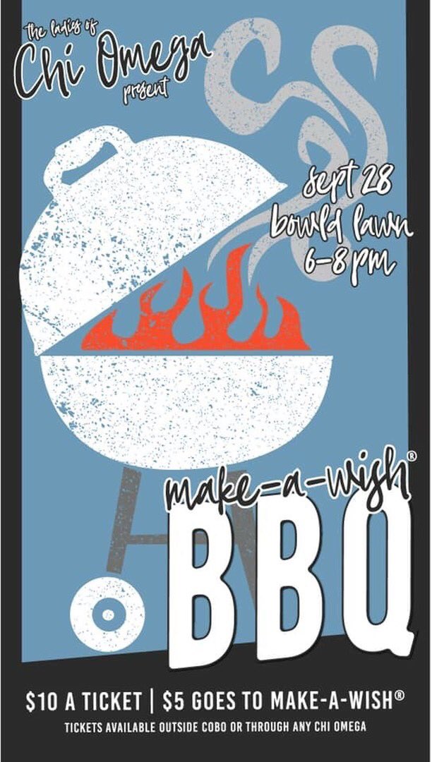UUSGA's tweet photo. Chi Omega is hosting a BBQ for Make-a-Wish this Friday night at 6pm! Tickets are $10 each and they can be purchased outside of Cobo or from any sister! Go support the ladies of Chi Omega and help raise money for a great cause! https://t.co/QhkqJv7vJF