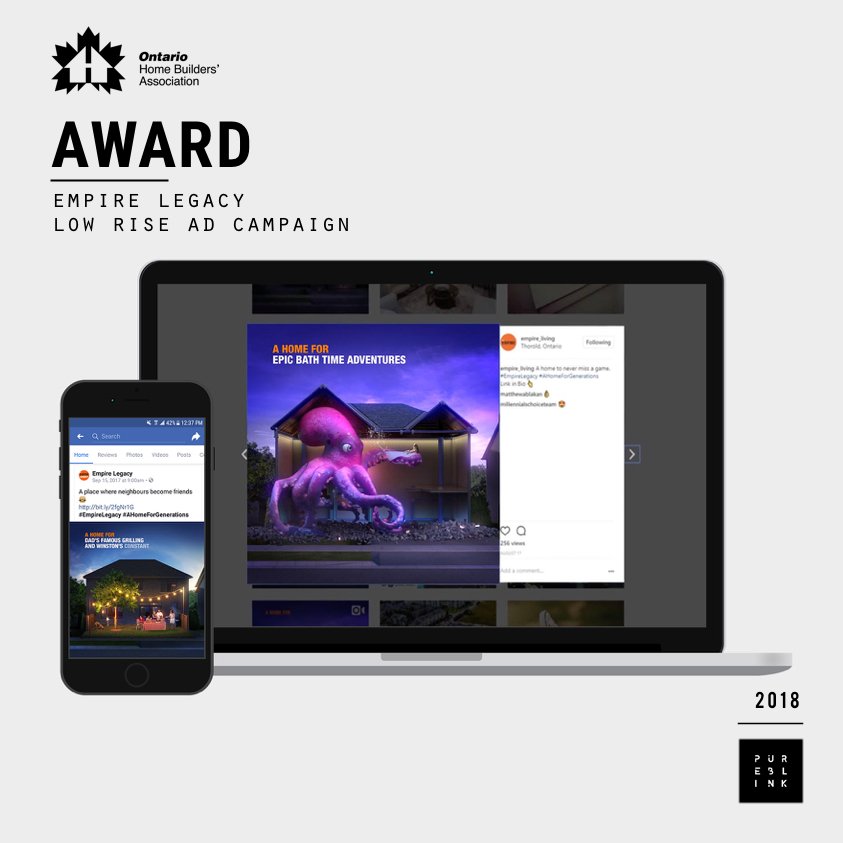 Pureblink_'s tweet photo. We're excited to announce that Legacy did it again! We won the Best Low Rise Ad Campaign at the @OntarioHBA awards in partnership with our dedicated clients at @Empire_Living 

#ohba2018aod #Pureblink #BlinkEffect #Empire #Legacy #ProjectionMapping #Campaign #Ohba #AwardWinning https://t.co/H5slpA5zWO