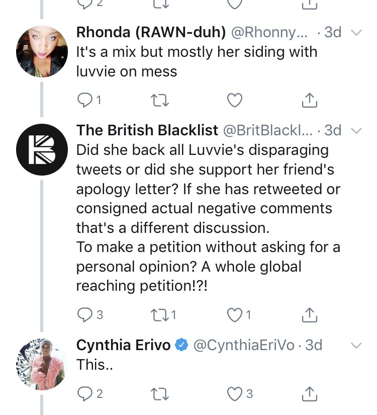 Cynthia Erivo quietly acknowledged people's concerns with her befriending & defending Luvvie and endorsing/amplifying anti-African-American beliefs. Her response: avoid answering directly & invite Luvvie to her movie premiere on Saturday.Disappointing  #HarrietDeservesBetter