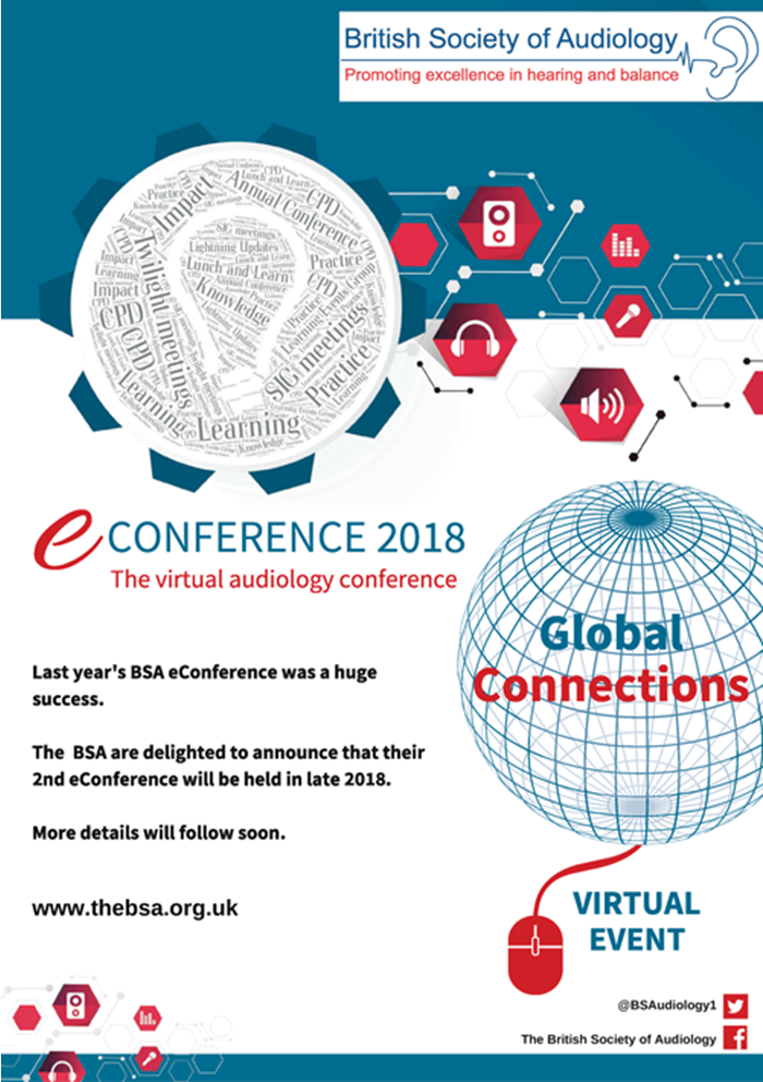 BSAudiology1's tweet photo. The BSA Conference Group is tirelessly working to bring the 2nd e-Conference, titled Global Connections, which is taking place from 1st – 31st December 2018. More information to follow with registration opening soon. #eConf #Audpeeps #ENTAuds https://t.co/LLX6tsjsch