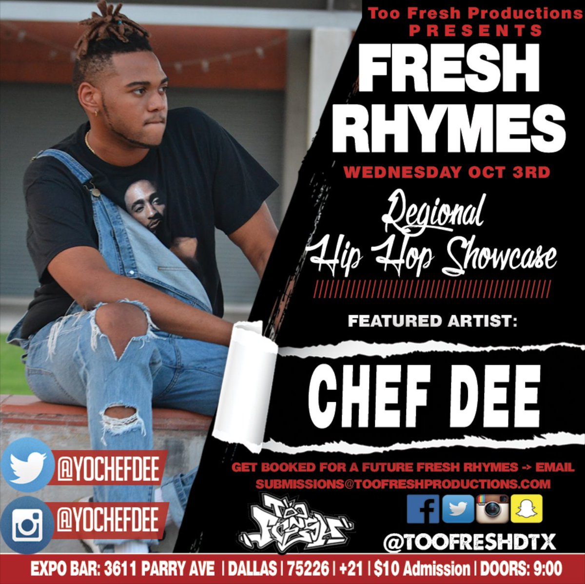 TooFreshDTX's tweet photo. Catch @YoChefDee #FreshRhymes next Wednesday October 3rd at @ExpoBarDallas. Check out his music -> https://t.co/AMGNpGk3NM Now Booking for our November showcase! Shoot us an email at lock in your slot! #DallasHipHop #DFWHipHop #DallasRaps #DFWRaps https://t.co/1lrdLaRhJw