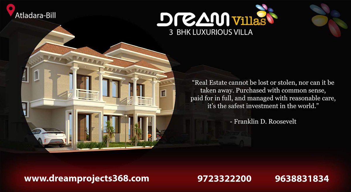 DreamProject368's tweet image. A Journey of thousand dreams begins with a single step.
3 BHK Luxurious Villa
Call : 9723322200/9638831834
dreamprojects368.com
Dream Villas,B/h Samanvay Status II,Nr. Pratham Riviera, Atladara-Bill road.